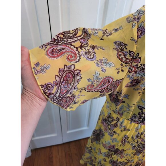 Yellow Paisley Faux Wrap Dress and Slip Pleated Sheer XL Boho Cottage TradWife - Picture 7 of 9
